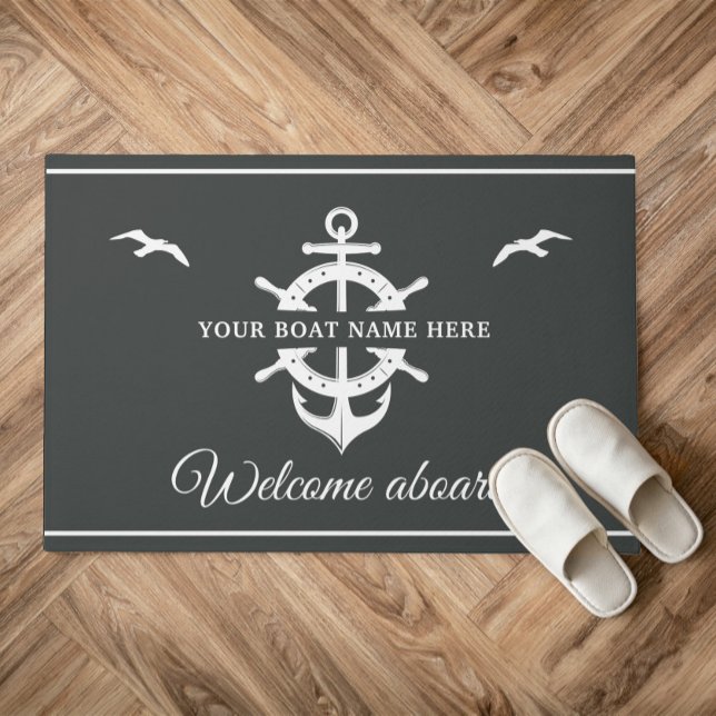 Custom Boat Name Ship’s Wheel Anchor Nautical Gray Doormat (Creator Uploaded)