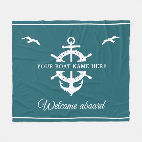 Custom Boat Name Shipâs Wheel Anchor Nautical Teal Fleece Blanket