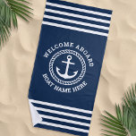 Custom boat name welcome aboard anchor and rope beach towel