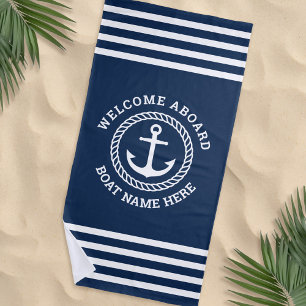 Custom boat name welcome aboard anchor and rope beach towel