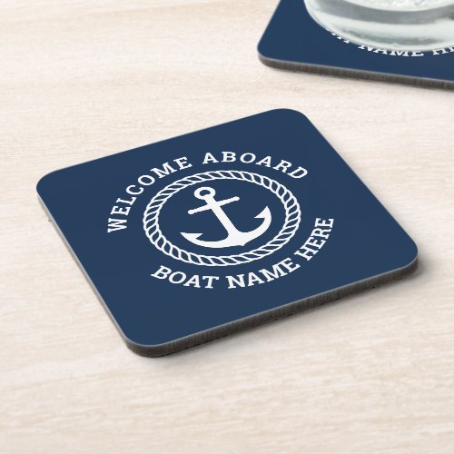 Custom boat name welcome aboard anchor and rope beverage coaster