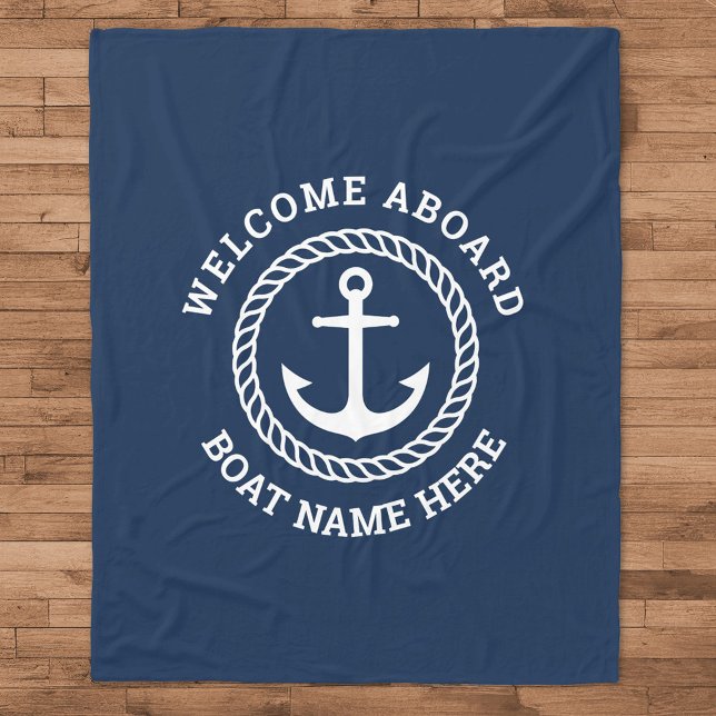Custom boat name welcome aboard anchor and rope fleece blanket (Creator Uploaded)