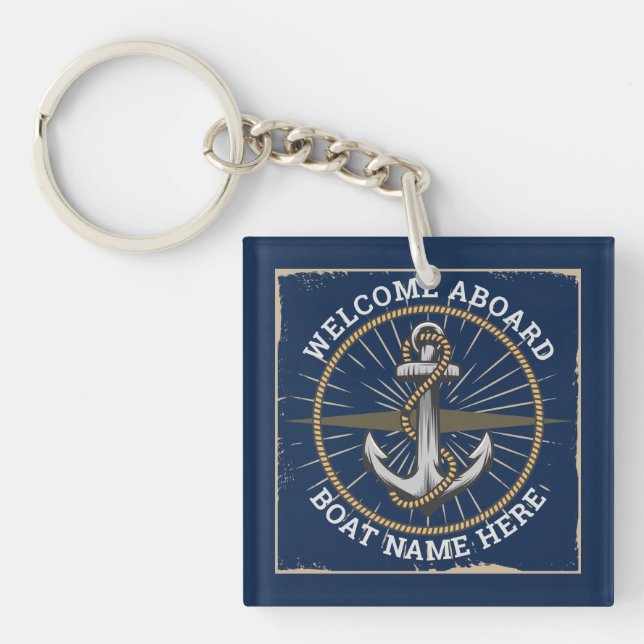 Custom boat name welcome aboard anchor and rope keychain (Front)