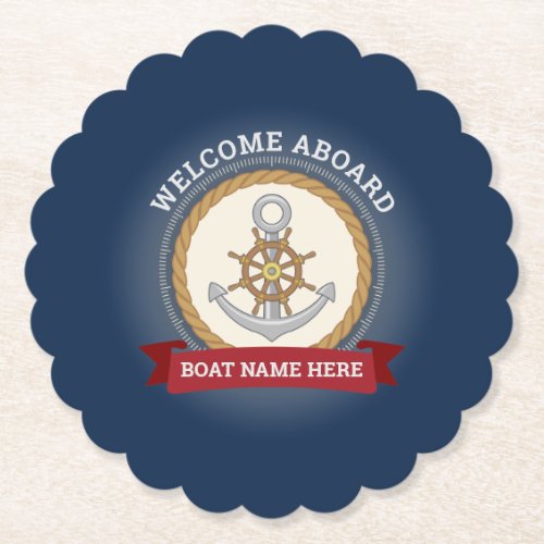 Custom boat name welcome aboard anchor and rope paper coaster