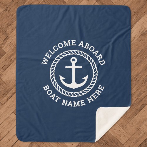 Custom boat name welcome aboard anchor and rope sherpa blanket