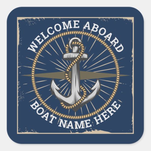 Custom boat name welcome aboard anchor and rope square sticker