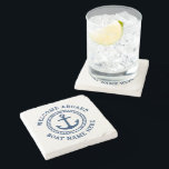 Custom boat name welcome aboard anchor and rope stone coaster<br><div class="desc">Stone coasters with your custom boat name and anchor with circular rope border and the text "Welcome aboard" or other custom text. Dark blue text.</div>