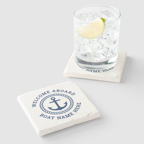 Custom boat name welcome aboard anchor and rope stone coaster