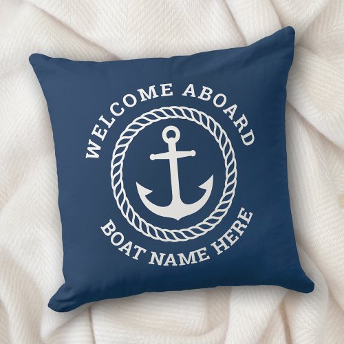 Custom boat name welcome aboard anchor and rope throw pillow