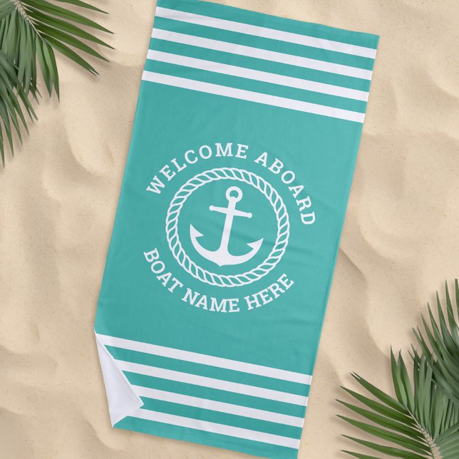 Custom boat name welcome aboard anchor aqua blue beach towel (Creator Uploaded)