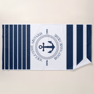 Custom Boat Name Welcome Aboard Anchor & Rope Beach Towel