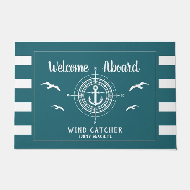 Custom Boat Name Welcome Aboard Compass Doormat (Front)