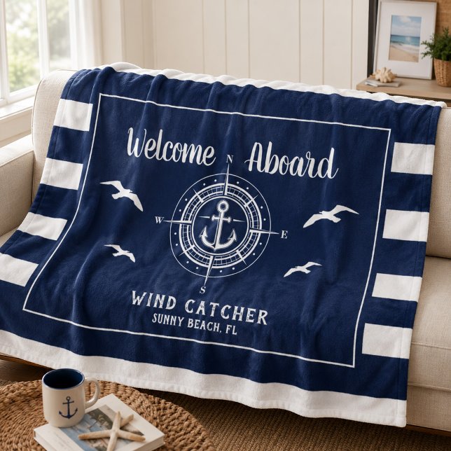 Custom Boat Name Welcome Aboard Compass Fleece Blanket (Creator Uploaded)