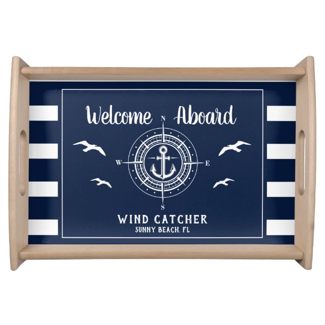 Custom Boat Name Welcome Aboard Compass Serving Tray (Front)