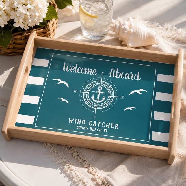 Custom Boat Name Welcome Aboard Compass Serving Tray (Creator Uploaded)