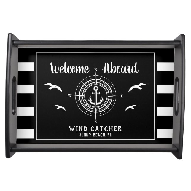 Custom Boat Name Welcome Aboard Compass Serving Tray (Front)