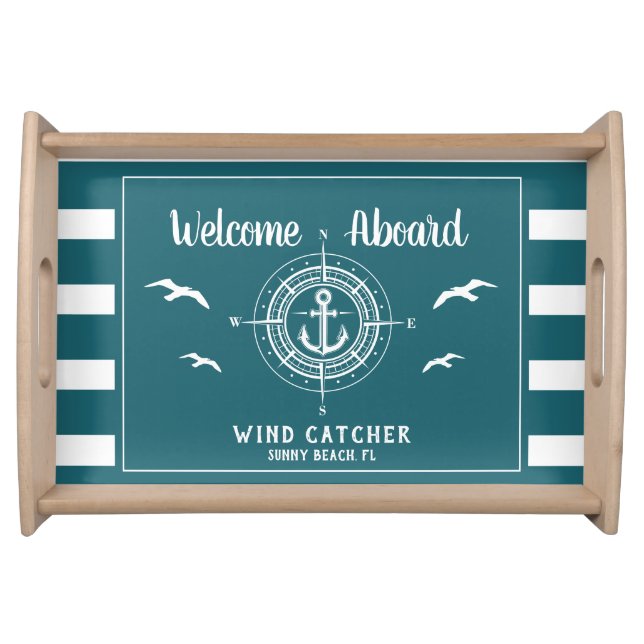 Custom Boat Name Welcome Aboard Compass Serving Tray (Front)