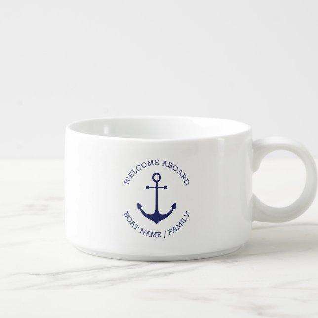 Custom Boat name Welcome Aboard nautical anchor Bowl (Left)