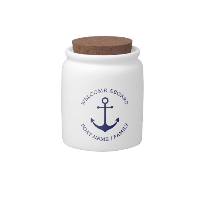 Custom Boat name Welcome Aboard nautical anchor Candy Jar (Front)
