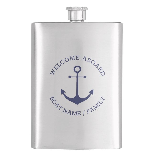Custom Boat name Welcome Aboard nautical anchor Flask (Front)