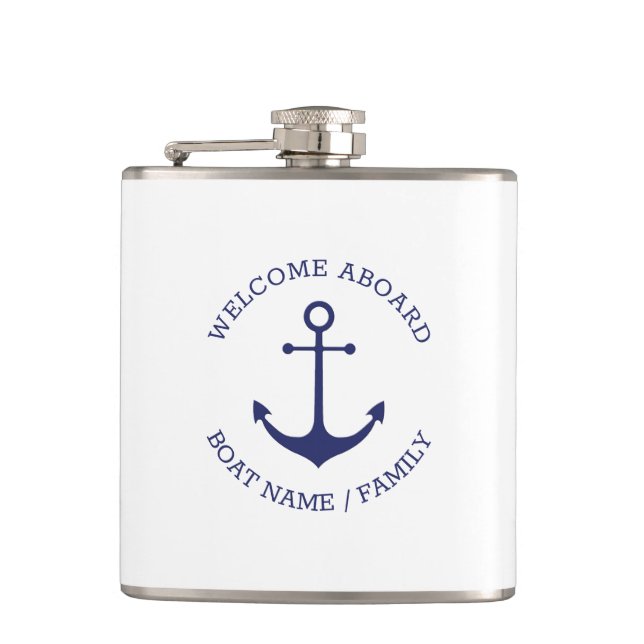 Custom Boat name Welcome Aboard nautical anchor Flask (Front)