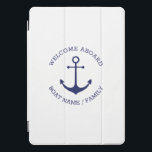 Custom Boat name Welcome Aboard nautical anchor iPad Pro Cover<br><div class="desc">Custom Boat name or Family name,  Welcome Aboard,  nautical navy blue anchor and text white iPad Pro Cover
Customize text nautical sailing text,  captain name,  boat name,  family name,  etc
great for sailors,  boaters,  sailing and boating 
Happy sailing!</div>