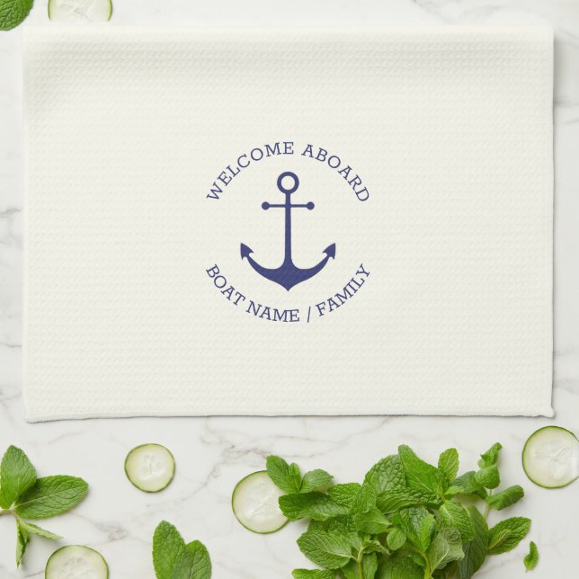 Custom Boat name Welcome Aboard nautical anchor Kitchen Towel (Folded)
