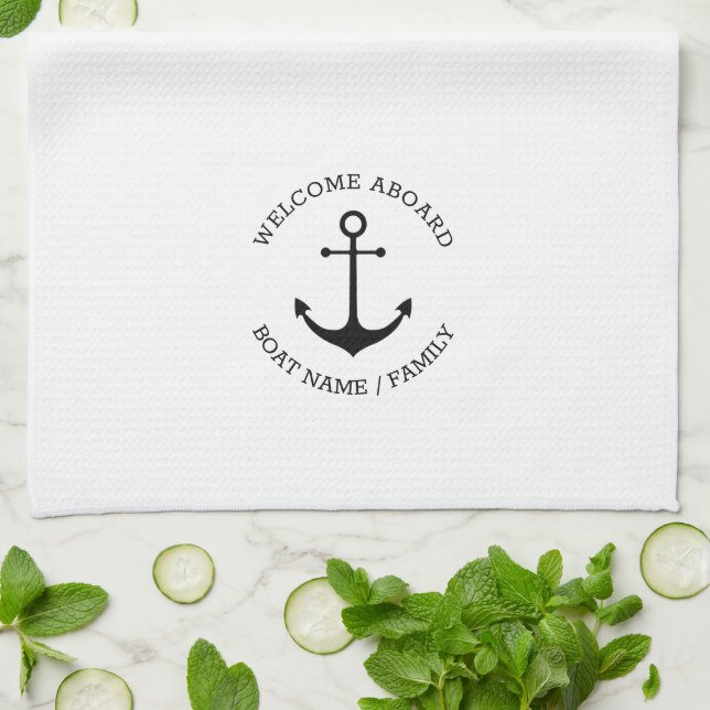 Custom Boat name Welcome Aboard nautical anchor Kitchen Towel (Folded)