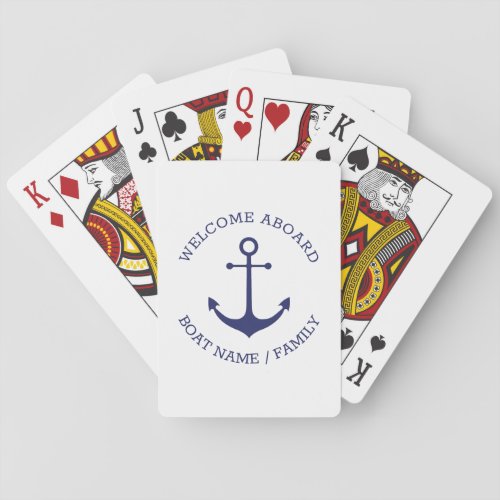 Custom Boat name Welcome Aboard nautical anchor Poker Cards