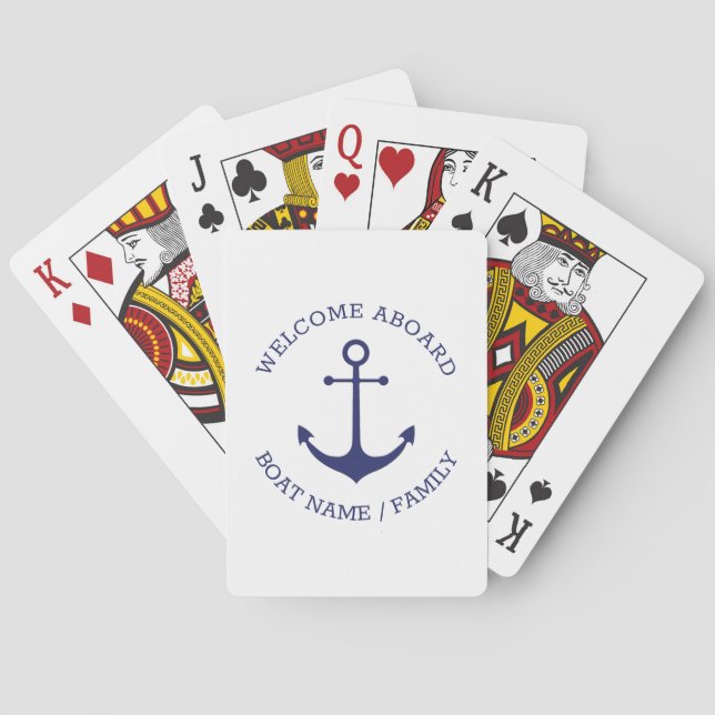 Custom Boat name Welcome Aboard nautical anchor Poker Cards (Back)