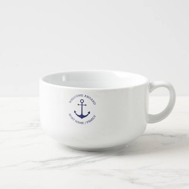Custom Boat name Welcome Aboard nautical anchor Soup Mug (Left)