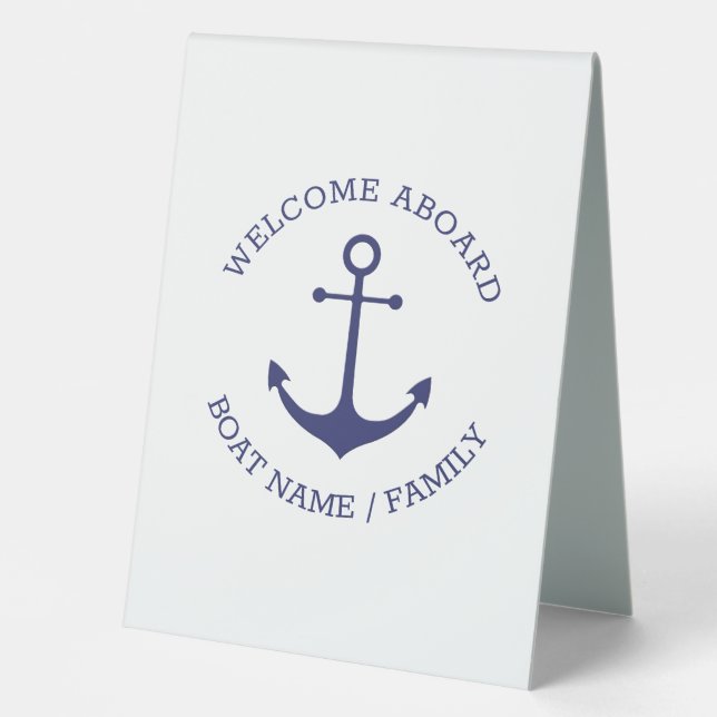Custom Boat name Welcome Aboard nautical anchor Table Tent (Front)