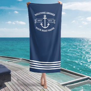 Custom Boat Name Welcome Aboard Navy Blue Anchor Beach Towel