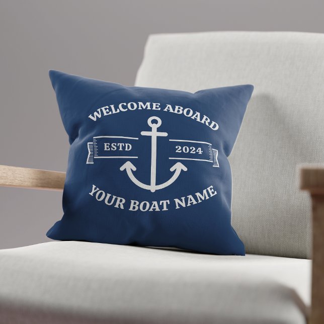 Custom Boat Name Welcome Aboard Navy Blue Anchor Throw Pillow (Creator Uploaded)