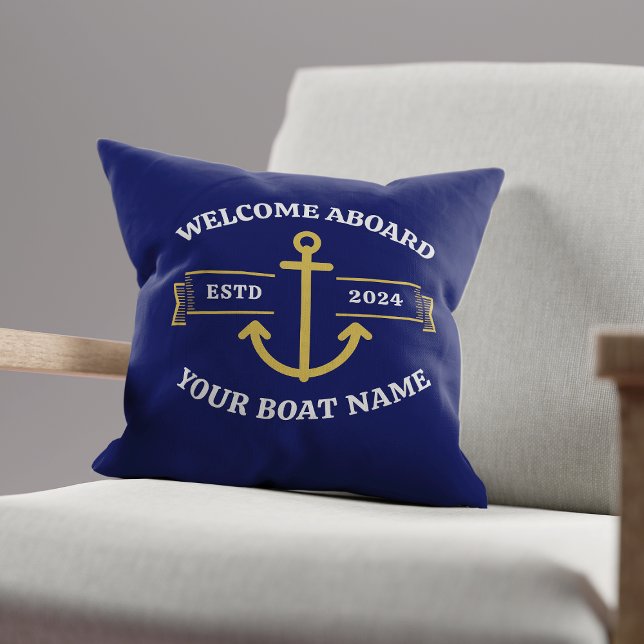 Custom Boat Name Welcome Aboard Navy Blue & Gold Throw Pillow (Creator Uploaded)