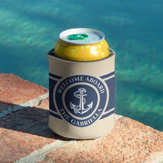 Custom Boat Name White Anchor On Sand Taupe Beige Can Cooler (In Situ Pool)