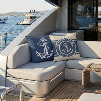 Custom Boat Name White Anchor On Sand Taupe Beige Outdoor Pillow
