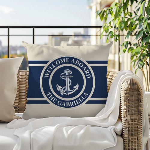 Custom Boat Name White Anchor On Sand Taupe Beige Outdoor Pillow