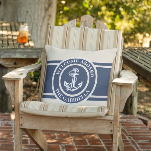 Custom Boat Name White Anchor On Sand Taupe Beige Outdoor Pillow