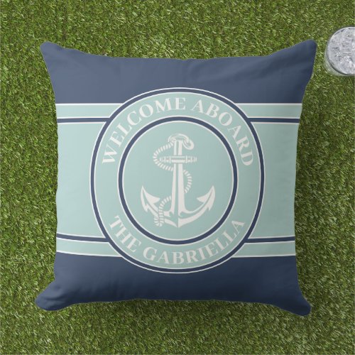 Custom Boat Name White Anchor On Seafoam Green Outdoor Pillow