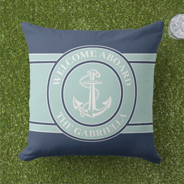 Custom Boat Name White Anchor On Seafoam Green Outdoor Pillow (Grass)