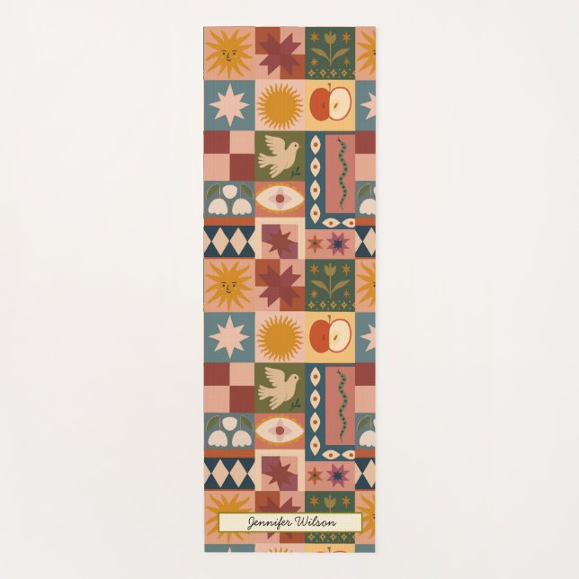 Custom Bohemian Celestial Patchwork Mystical Yoga Mat (Front)