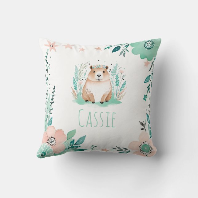 Custom Boho Cute Capybara Pillow Pastel Green  (Back)