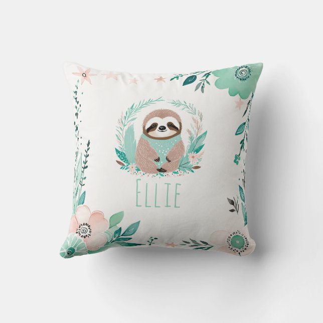 Custom Boho Cute Sloth Pillow Pastel Green  (Back)