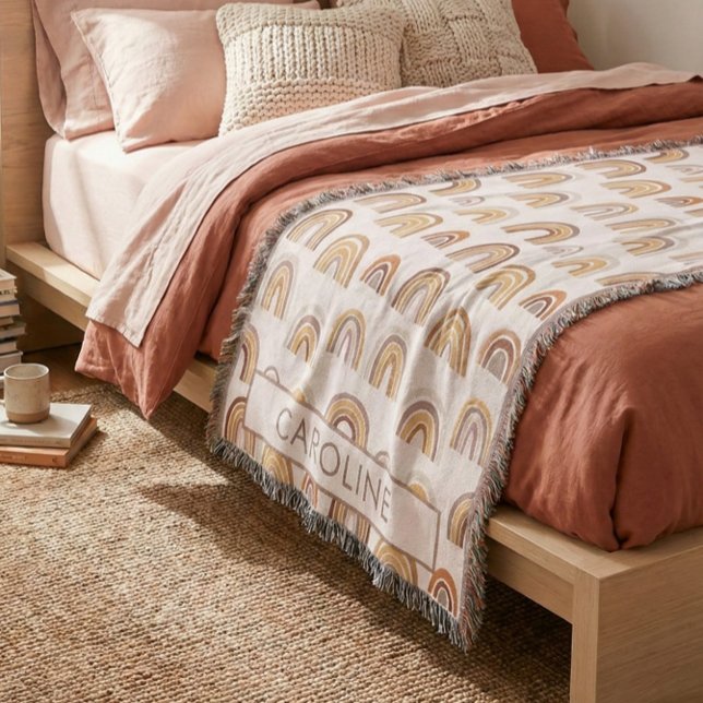 Custom Boho Desert Rainbow Arch Pattern Taupe Throw Blanket (Creator Uploaded)