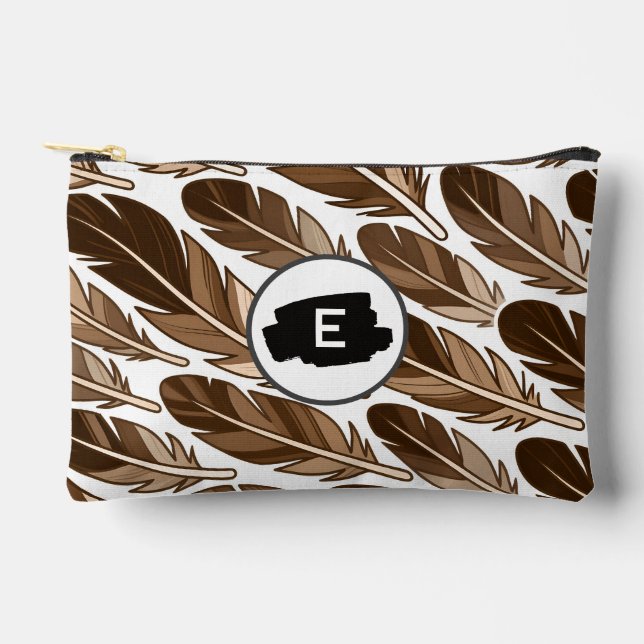 Custom Boho Feather Monogram Small Accessory Pouch (Front)