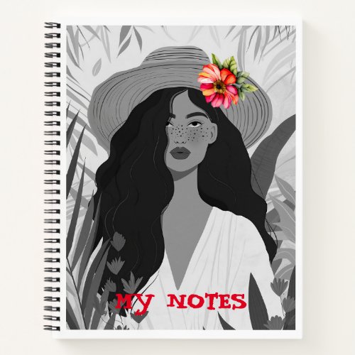 Custom Boho Female Portrait in Black and White Notebook