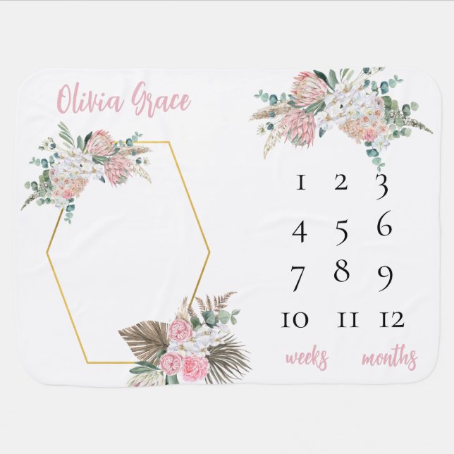 Custom Boho Floral Baby Name Milestone   Blanket (Horizontal)