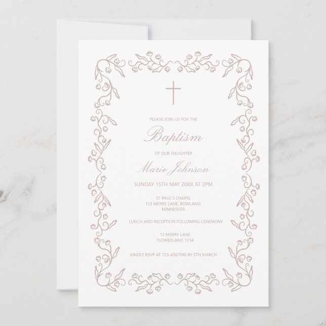 Custom Boho floral girl Baptism Invitation (Front)