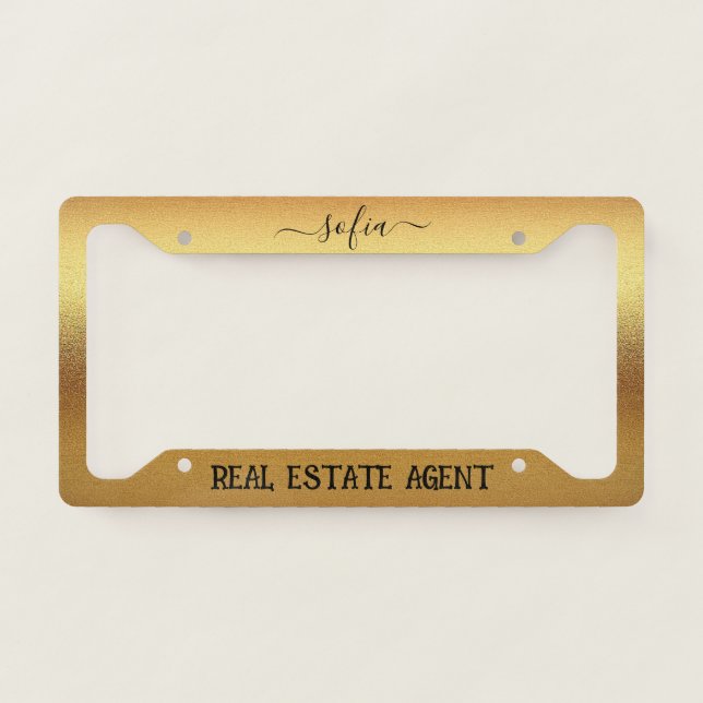 Custom Boho Gold Real Estate Agent Small Business License Plate Frame (Front)
